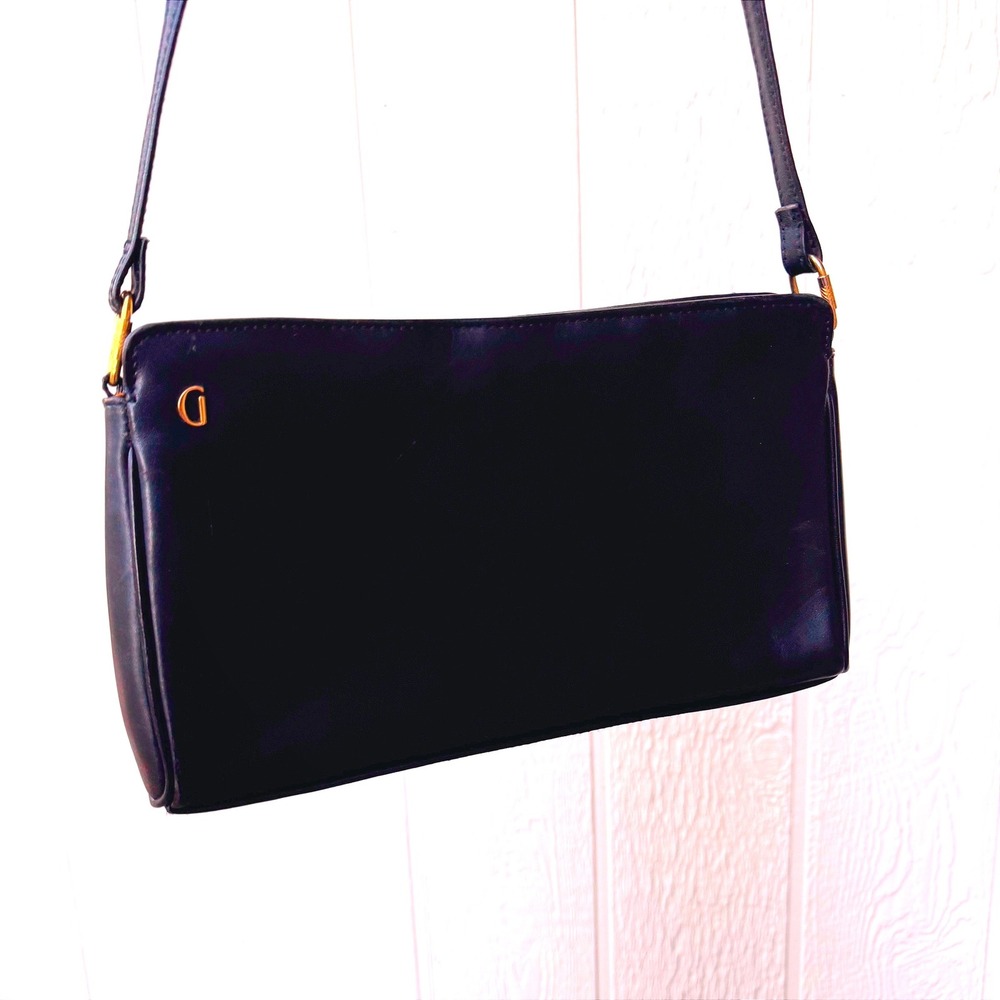 Ganson Vintage Black Leather Crossbody Bag Gold Logo Minimalist Shoulder Purse